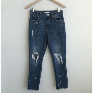 Zara Womens High Rise Distressed Crop Jeans Leopard Patch Size 4 Blue Raw Hem